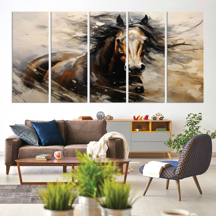 The Abstract Wall Art Horse Print adds rustic charm.