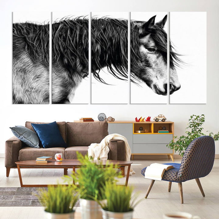 Black Horse Wall Art Canvas Print for farmhouse decor on the kitchen wall.