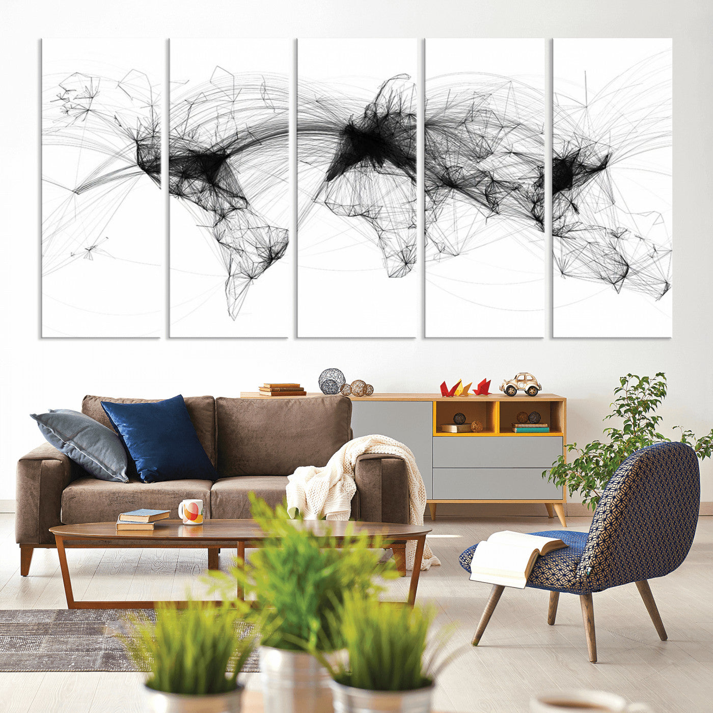 50136-MGV-CV-60X31-5P-Wall Art Canvas Print – Abstract World Map Geometric Lines Connections Perfect for Adding Modern Global Design to Any Space For Guest Room, Office, Home.