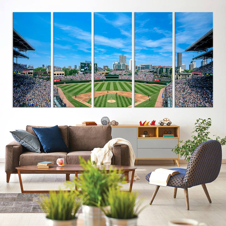 The Wrigley Field Chicago Cubs canvas art, depicting the iconic stadium, is perfect for sports lovers.