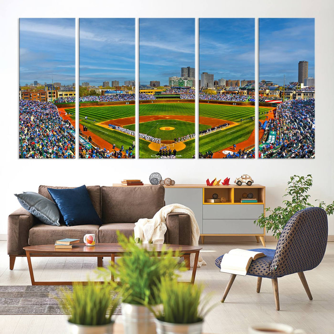 The Wrigley Field Cubs Panoramic Canvas Art hangs prominently in the modern living room.