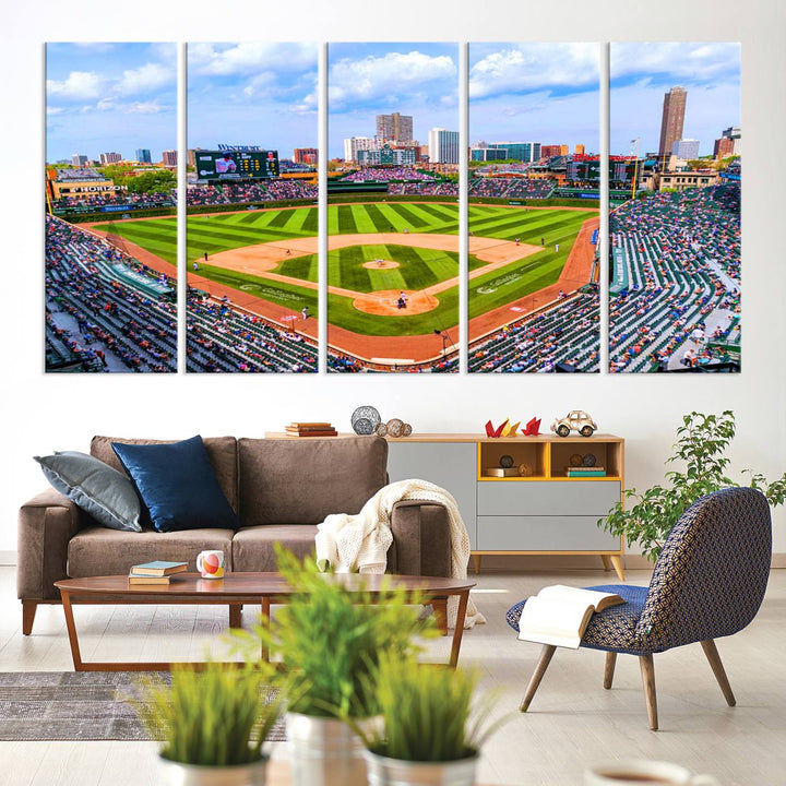 A 3-piece panoramic canvas wall art showcases an aerial view of a packed Chicago Cubs game at Wrigley Field, perfect for sports lovers.