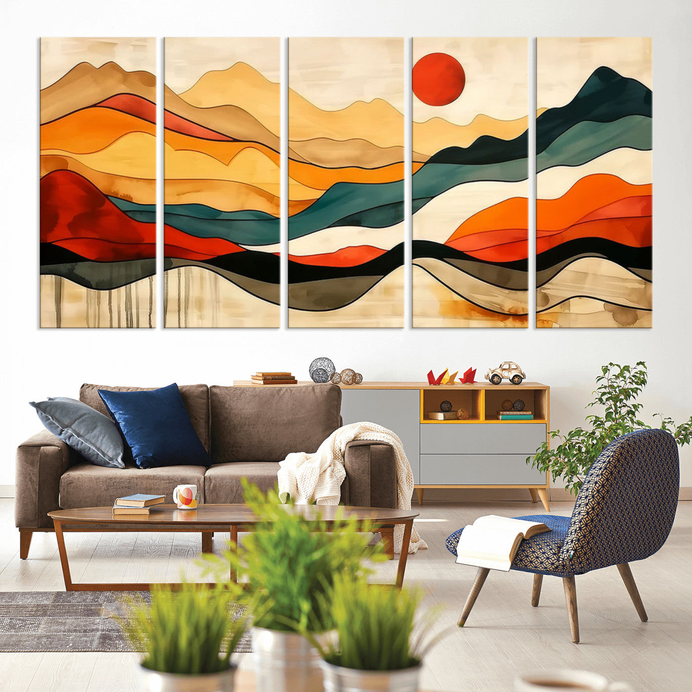 71582-MGV-CV-60X31-5P-Wall Art Canvas Print – Abstract Mountain Landscape Vibrant Colors Bold Shapes Perfect for Adding Modern Art to Any Living Space For Guest Room, Office, Home.