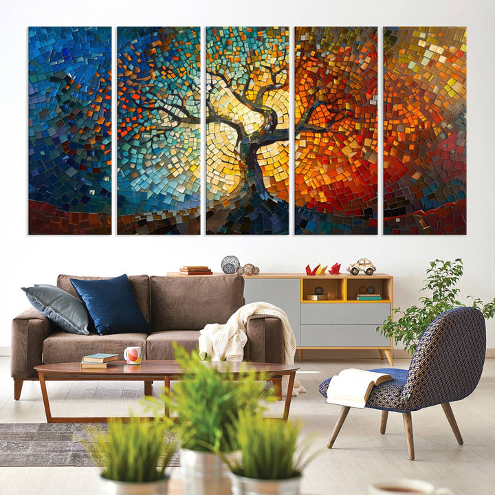 Mosaic Tree Canvas Wall Art: A stunning stained glass-inspired Tree of Life featuring blue and orange swirling patterns reminiscent of a sunburst.