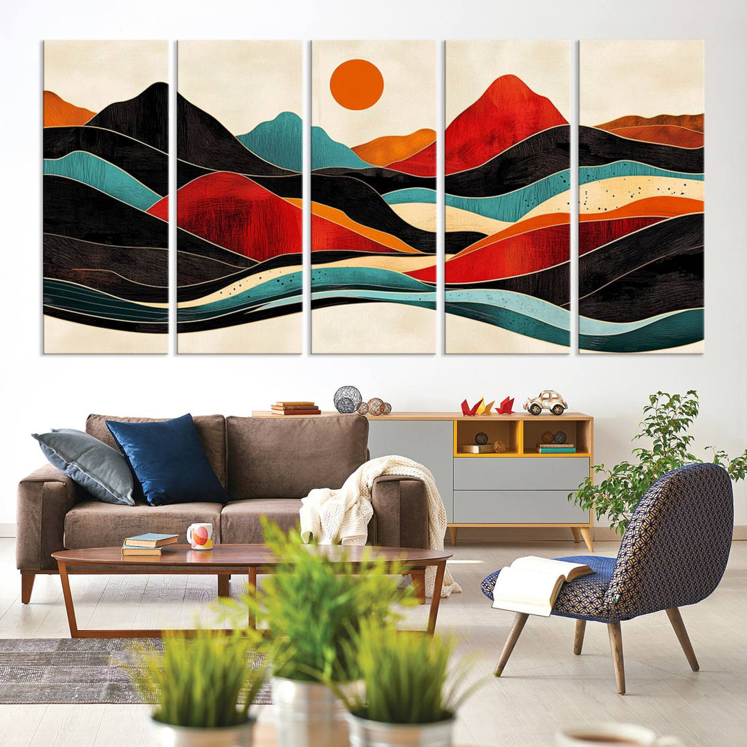 The Colorful Western Triptych Canvas features a vibrant mountain and sun design, making it perfect for modern kitchens or log cabin walls.