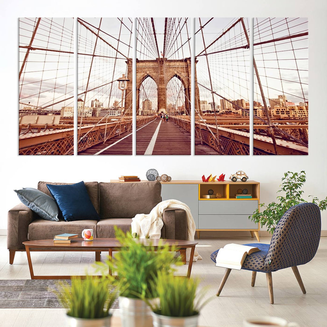 The three-panel "Wall Art New York Manhattan Cityscape Canvas Print" of the Brooklyn Bridge makes an ideal addition to minimalist interiors, capturing the essence of abstract expressionism.