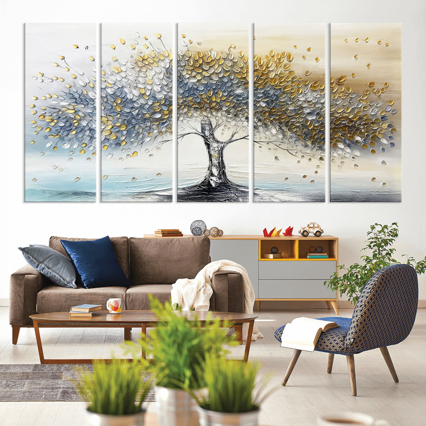 37744-MGV-CV-60X31-5P-Wall Art Canvas Print – Golden and Silver Tree of Life Whimsical Leaves Elegant Nature Art To Enhance Any Room in Your Home For Guest Room, Office, Home.