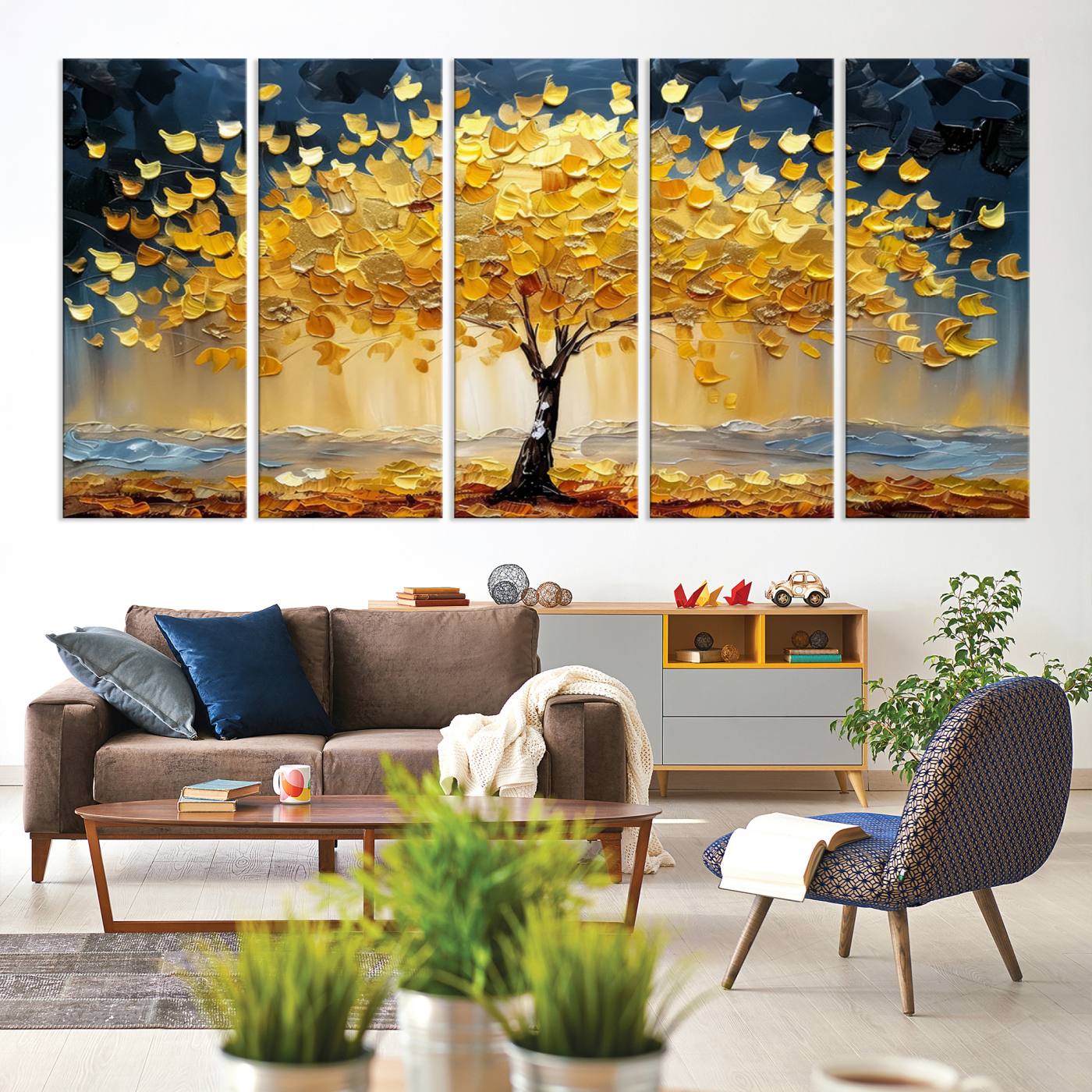 A stunning impasto painting captures the golden hues of autumn with a vibrant tree glowing against a dramatic blue and brown backdrop.