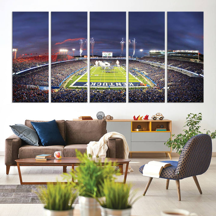 A filled stadium at dusk and fireworks overhead are beautifully captured in the Kroger Field Canvas Wall Art - Sunset Football Stadium Decor.