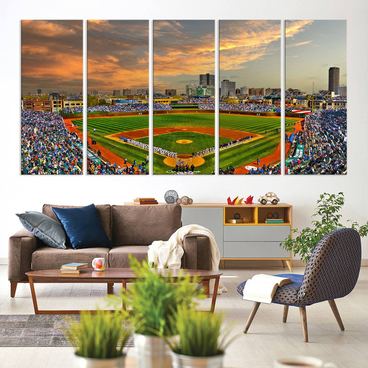 Aerial view of Wrigley Field at sunset against a vibrant sky, creating the perfect Chicago Wrigley Field Canvas Wall Art.