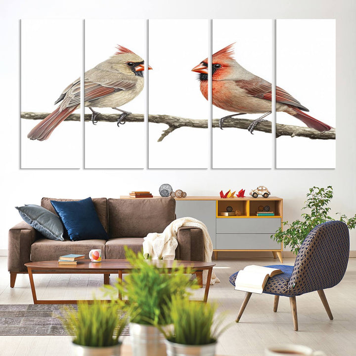 A Cardinal Canvas Wall Art print of cardinals on a branch hangs prominently.