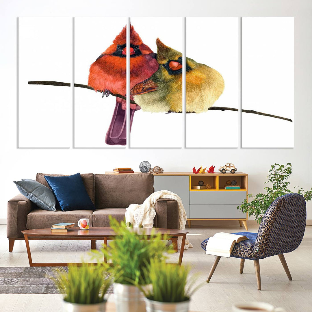 The Cardinal Bird Canvas Wall Art showcases vibrant male and female cardinals, capturing the beauty of nature in vivid detail.