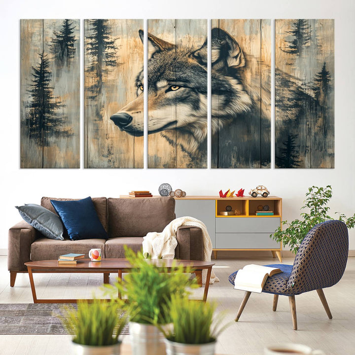 Above the counter is a Wood Style Rustic Wolf Wall Art Canvas Print.