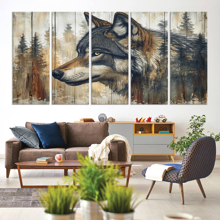 A kitchen dining area features Rustic Wolf Wall Art.