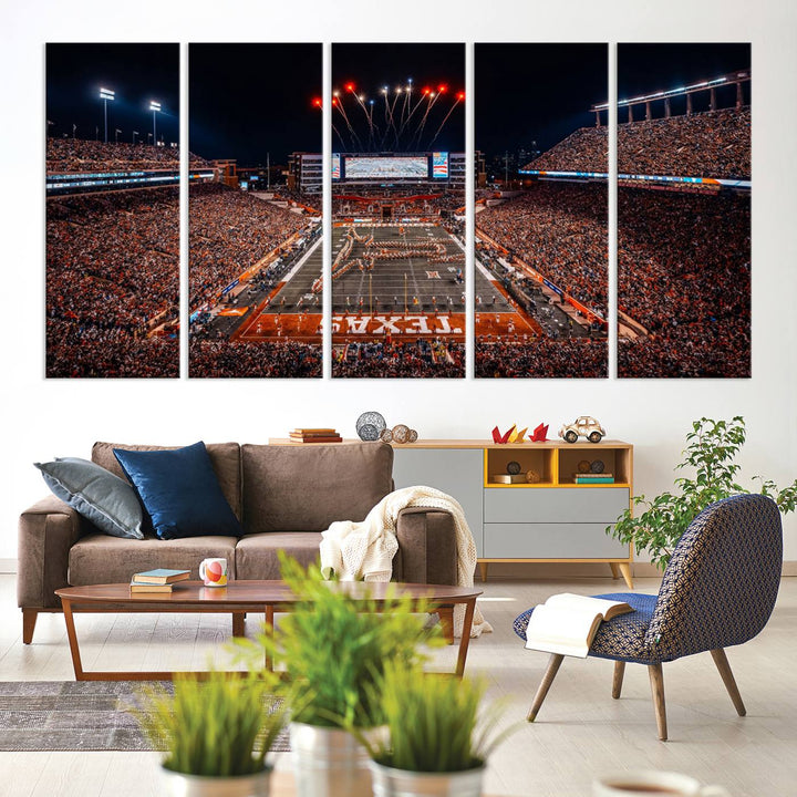 A Texas Memorial Stadium canvas print with fireworks embellishes the modern living room.