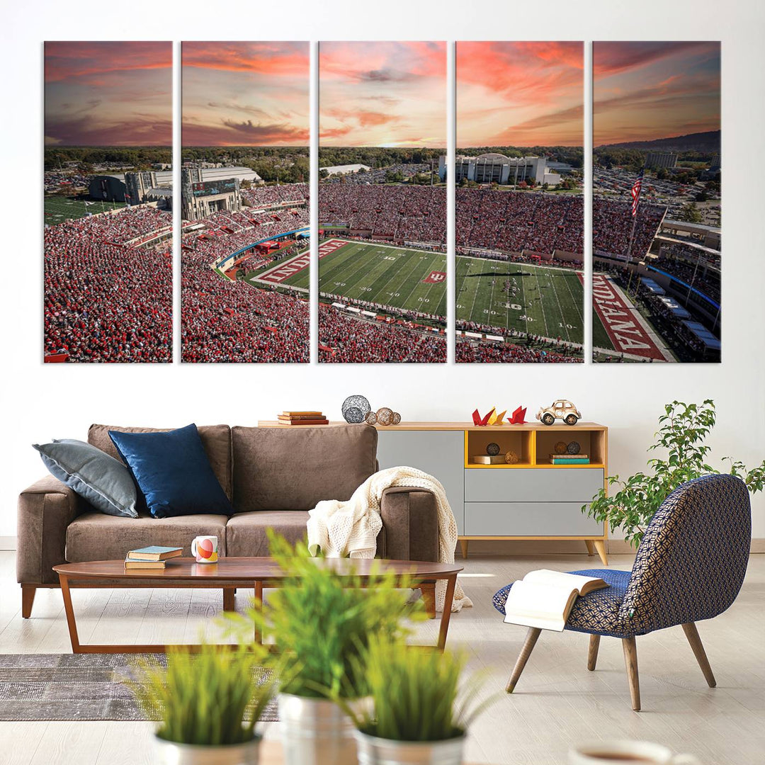 Gallery-quality Indiana Memorial Stadium Wall Art Canvas: A stunning view of the stadium at sunset.