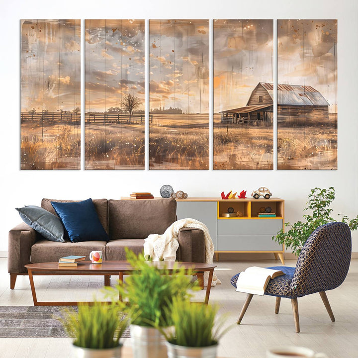 Rustic Farmhouse Wall Art Canvas depicting a barn under a cloudy sky.