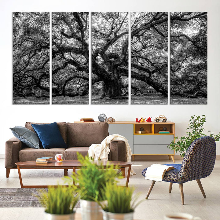 The Black and White Old Angel Oak Tree Canvas Print enhances the modern dining room.