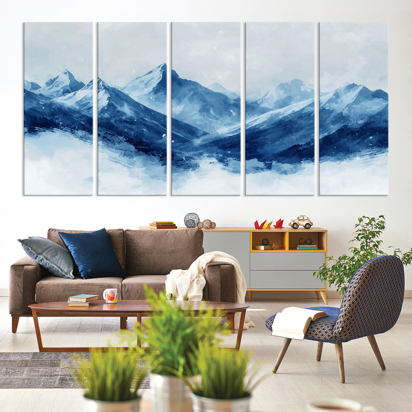 Peaceful watercolor-style painting of snowy blue mountains in soft tones, perfect for winter-themed or minimalist wall decor.
