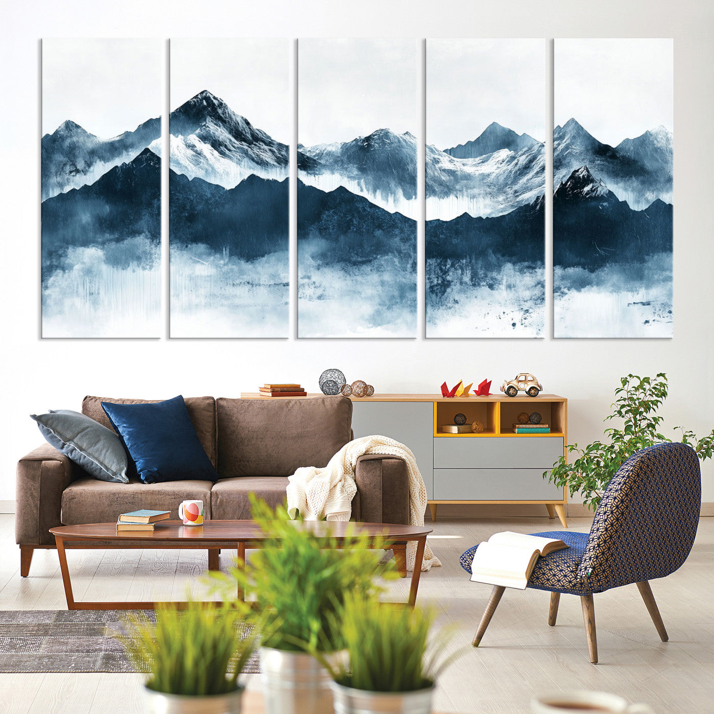 Abstract blue-toned canvas of snowy mountains in misty tones, ideal for minimalist or moody alpine-inspired home decor.