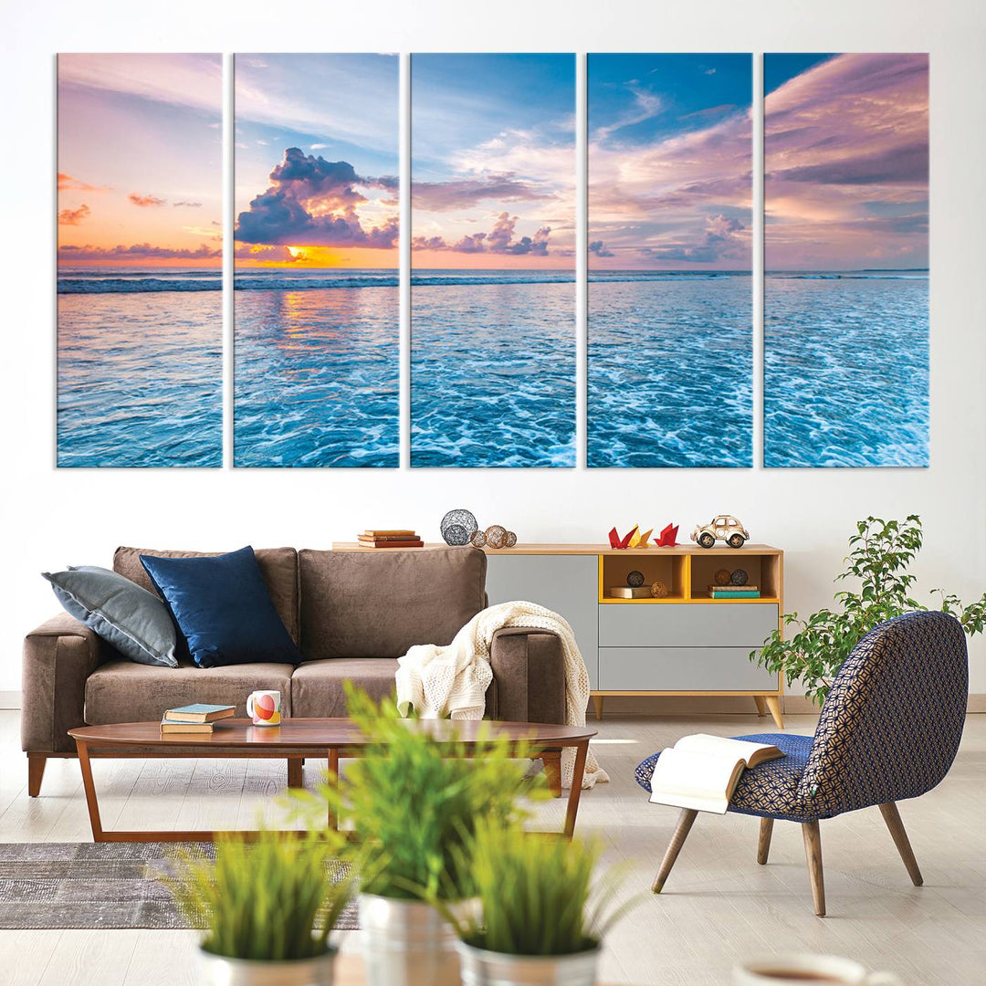 An Ocean Sunset Canvas Wall Art depicting a vibrant sky and rolling waves.