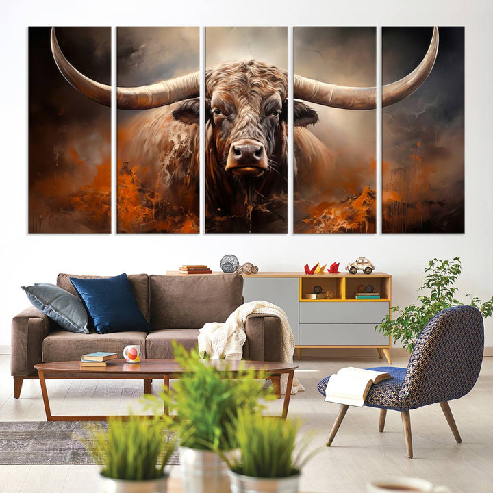 A Highland Bull with striking horns is depicted in a fiery abstract style on a ready-to-hang wall art canvas, evoking strength.