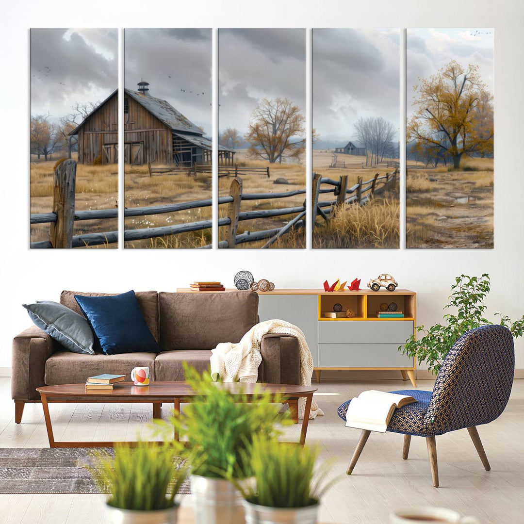 Rustic Autumn Farmhouse Wall Art – Weathered Barn & Trees Canvas Print, featuring a serene scene with birds in the sky. This piece is ready to hang.