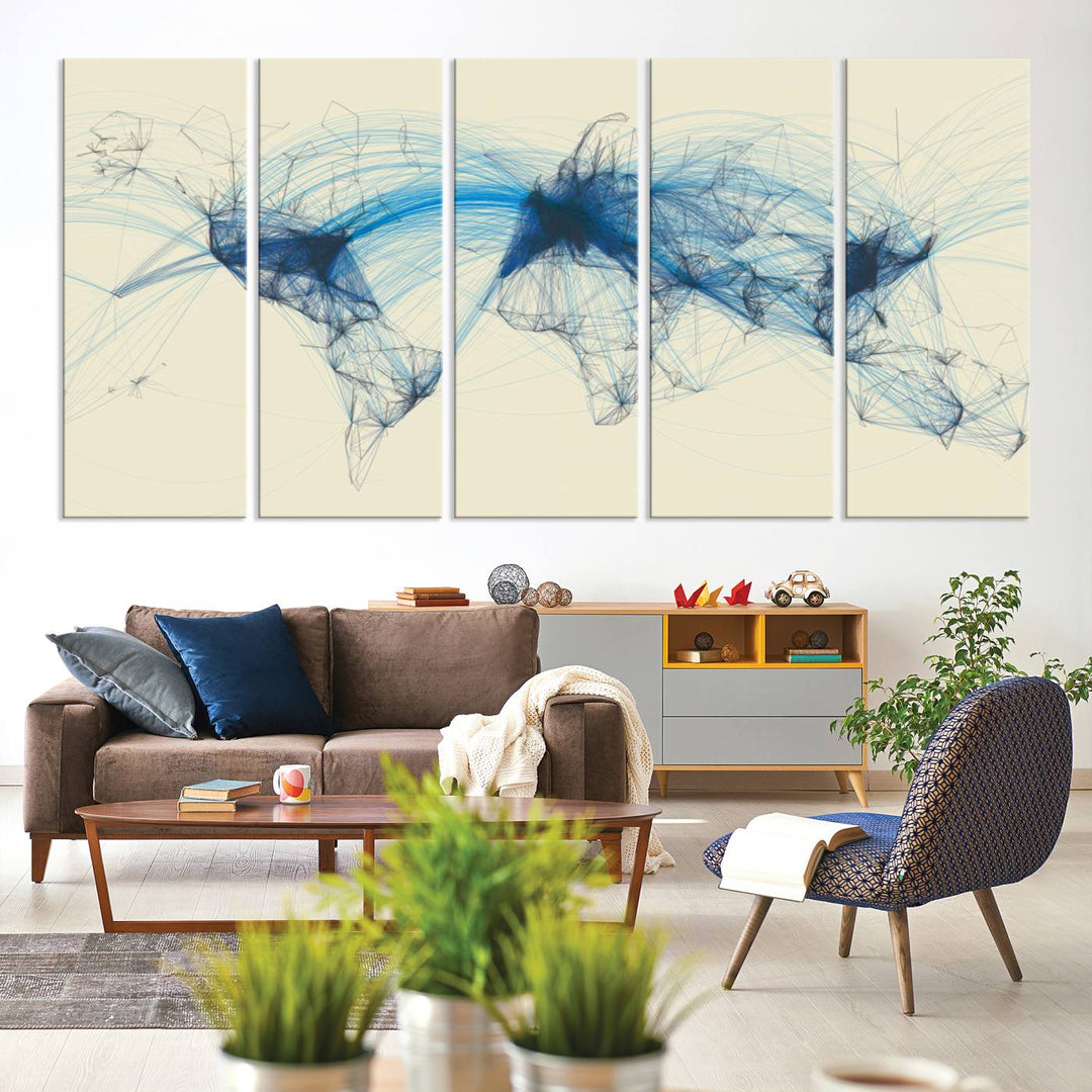 Flight Routes Map: Air Traffic Avi World Map featuring blue lines symbolizing global data. Ideal for home decor and ready to hang.