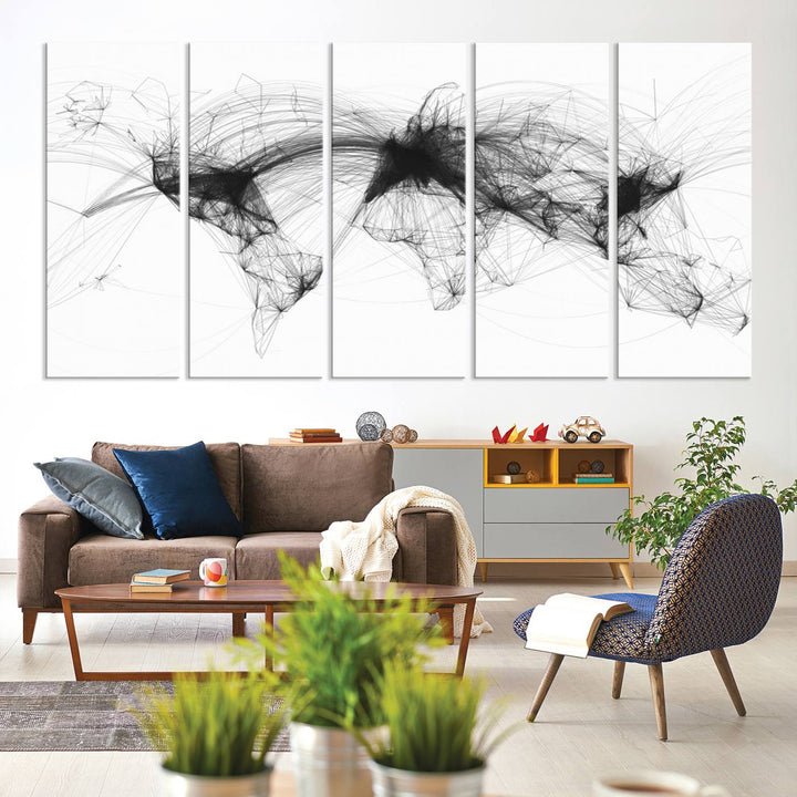 The Flight Routes Air Traffic canvas wall art, framed and ready to hang, is perfect for aviation enthusiasts.