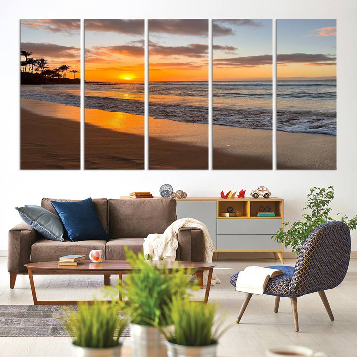 Sunset Wall Art Print featuring a beach sunset with waves and palms, perfect for coastal decor.