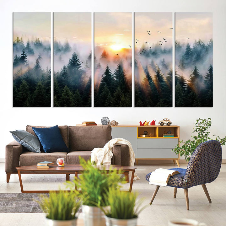 Sunrise over a misty forest with rays filtering through trees in the Abstract Forest Wall Art featuring soaring birds.