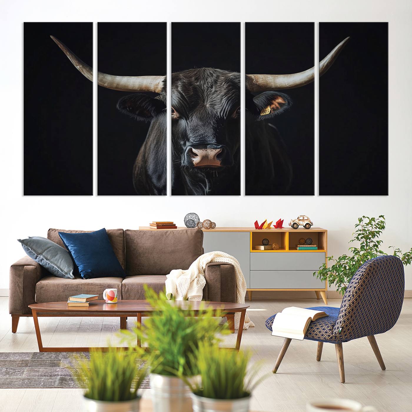 Canvas of a black longhorn bull against a dark background, featuring moody tones and western character for rustic or cowboy-inspired spaces.