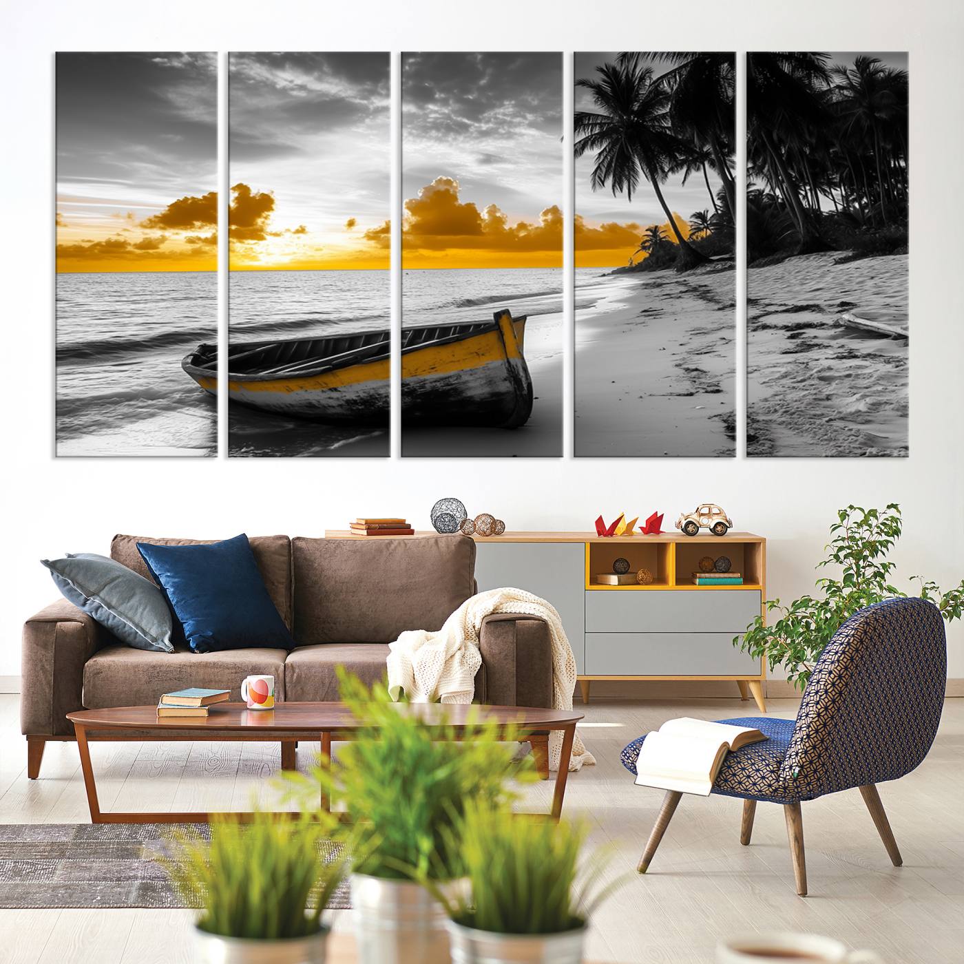 Canvas of a yellow rowboat on a black and white tropical beach with golden sunset sky, ideal for coastal or tropical-themed home decor.