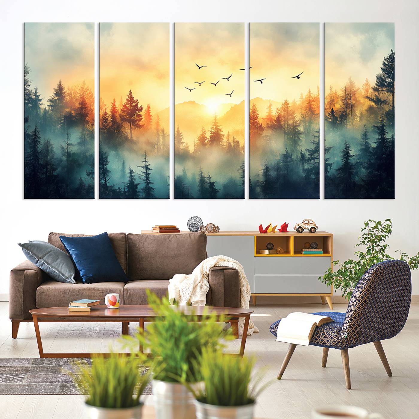 Canvas of a misty pine forest at sunrise with golden light and birds flying across the sky, perfect for tranquil nature-themed wall decor.