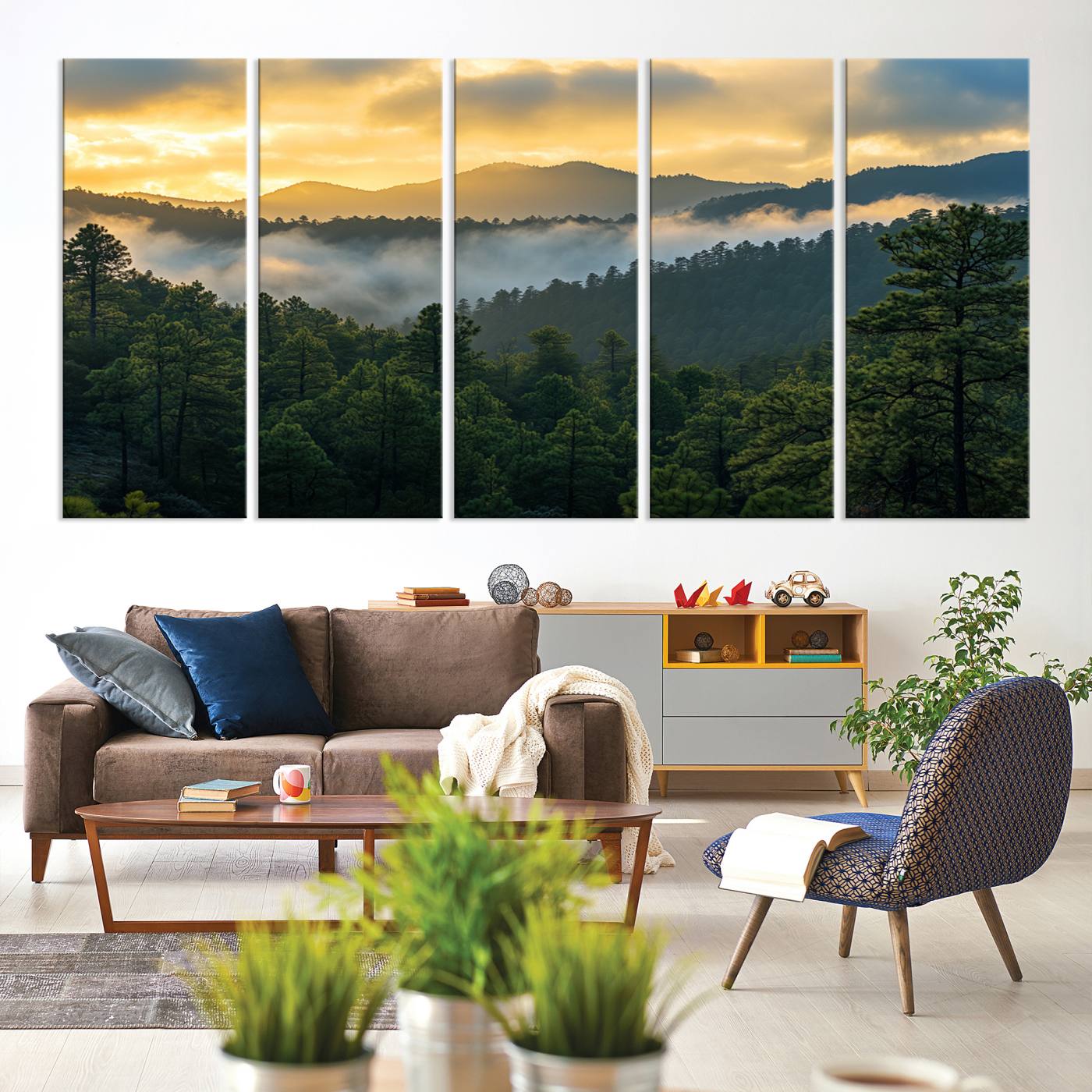 Canvas of misty pine-covered mountains at sunrise, featuring golden light and fog layers, ideal for tranquil earthy home decor.