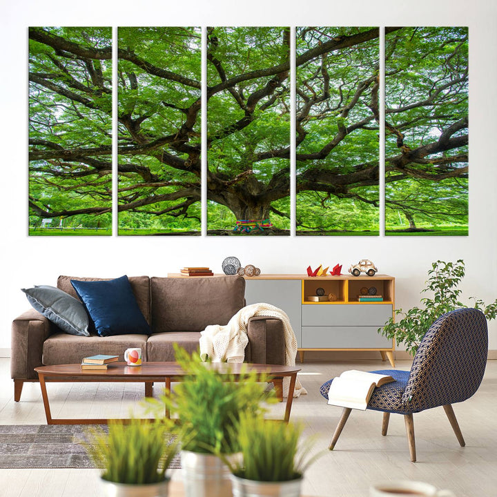Framed Angel Oak Tree print featuring sprawling branches and ribbons against a clear sky backdrop, ideal for home or office decor.