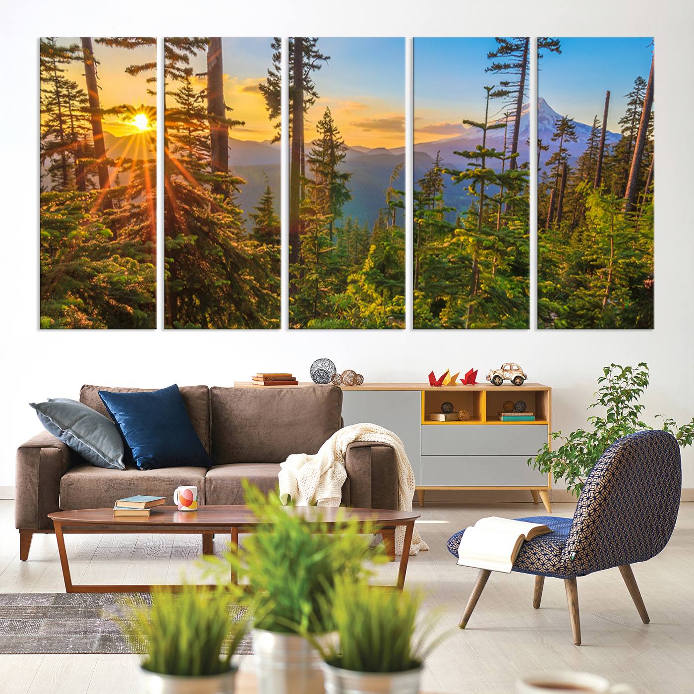 83544043-MGV-CV-60X31-5P-Forest Sunset Wall Art Canvas Print, Framed Sunset Trees Art Picture Print, Green Pines Perfect Rustic Nature Decor