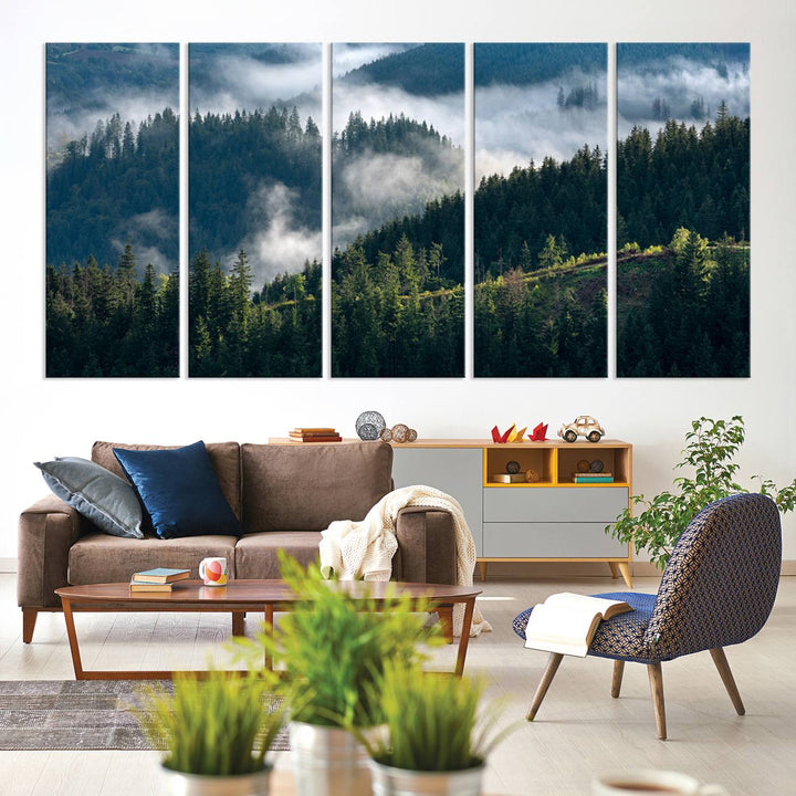 Moody canvas of misty pine forests over layered hills, perfect for cool-toned nature-inspired or woodland-style home decor.