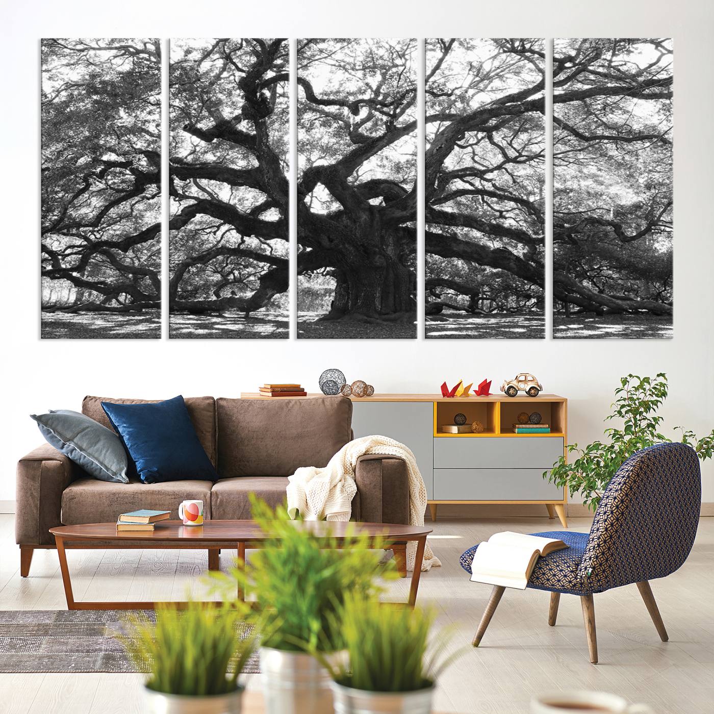 81655611-MGV-CV-60X31-5P-Ancient Oak Wall Art Canvas Print, Framed Twisted Branches Art Picture Print, Gnarled Tree Perfect Moody Nature Decor
