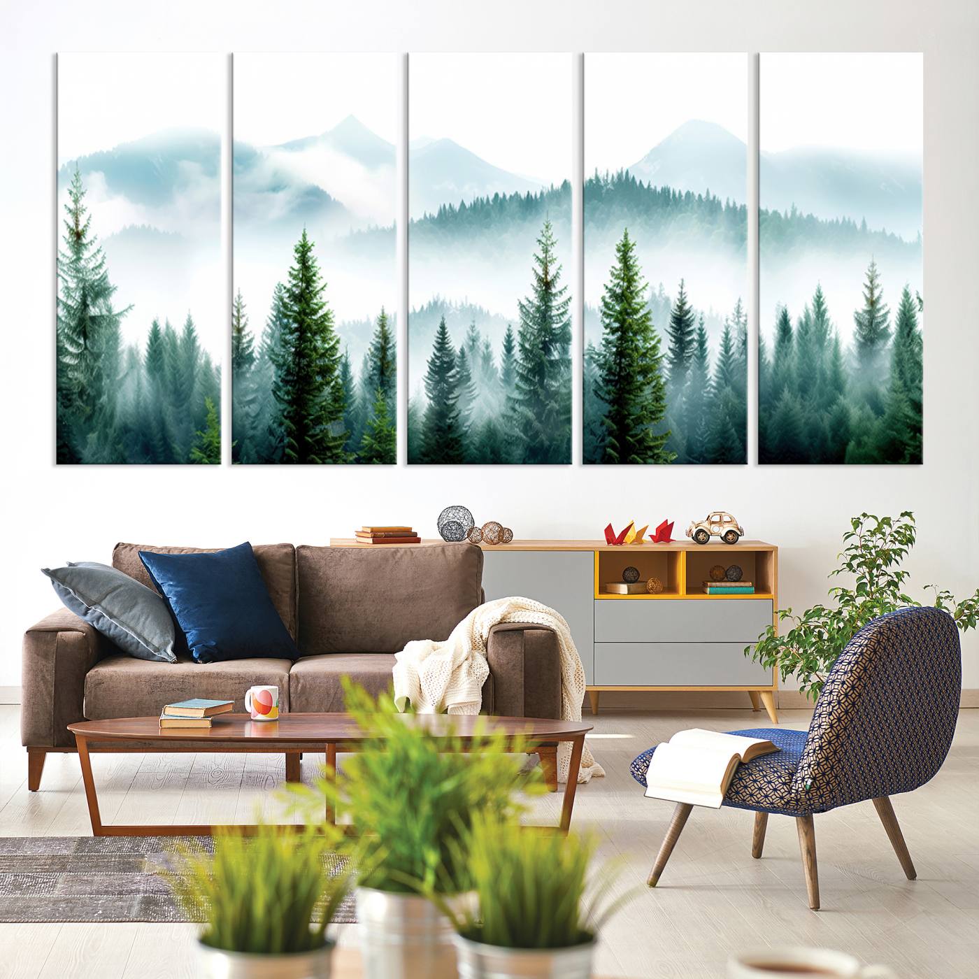 16716676-MGV-CV-60X31-5P-Pine Forest Wall Art Canvas Print, Framed Misty Mountains Art Picture Print, Foggy Trees Perfect Moody Forest Decor Artwork