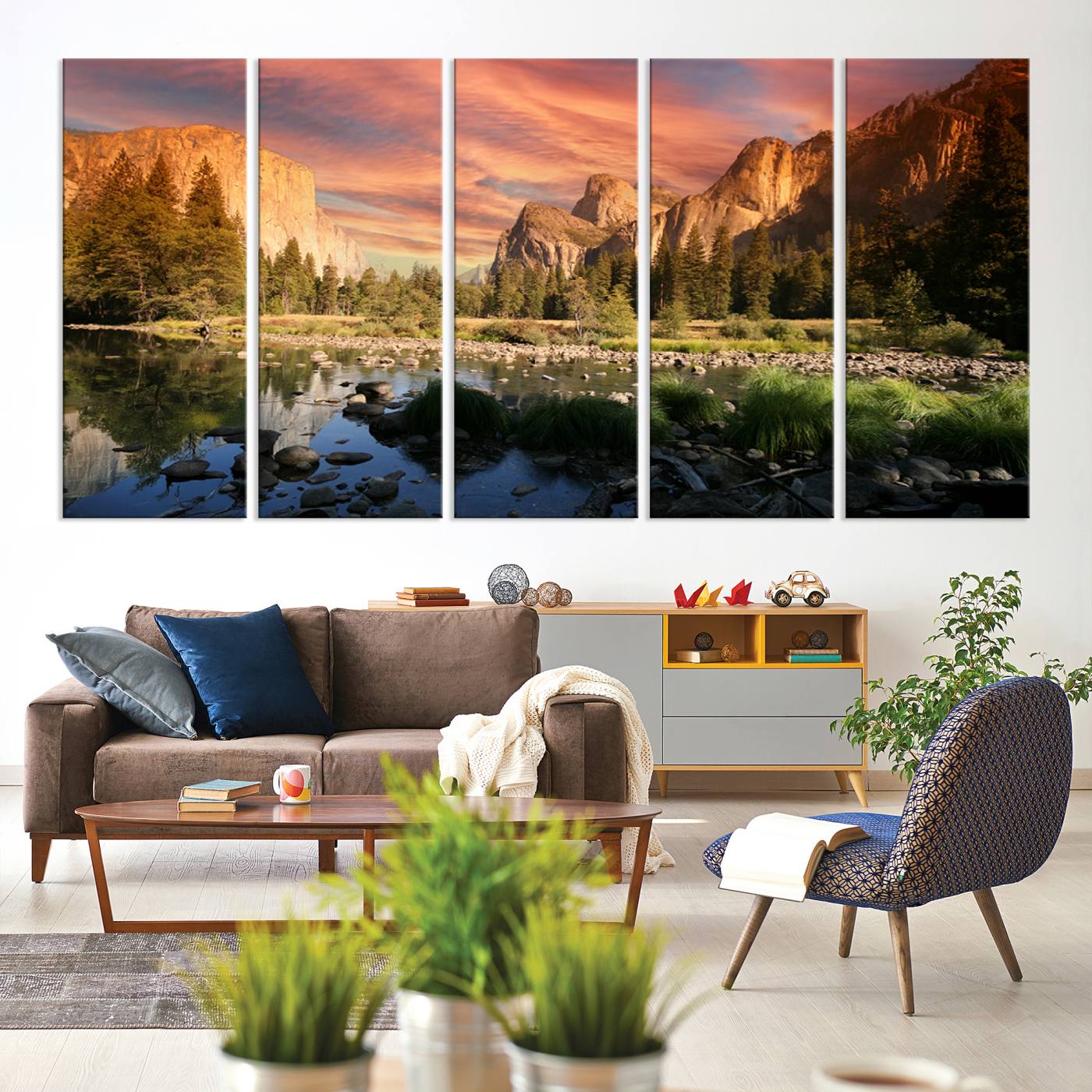 31199457-MGV-CV-60X31-5P-Yosemite Valley Canvas Wall Art, Framed El Capitan Art Picture Print, Sunset Sky Perfect Vibrant Western Decor