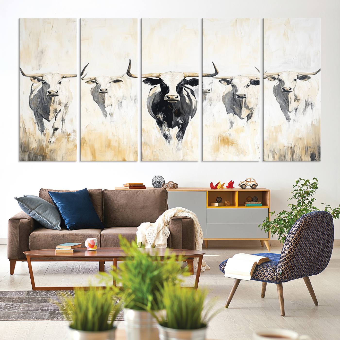 40397799-MGV-CV-60X31-5P-Texas Longhorn Canvas Print, Framed Rustic Herd Art Picture Print, Western Bull Perfect Neutral Western Decor