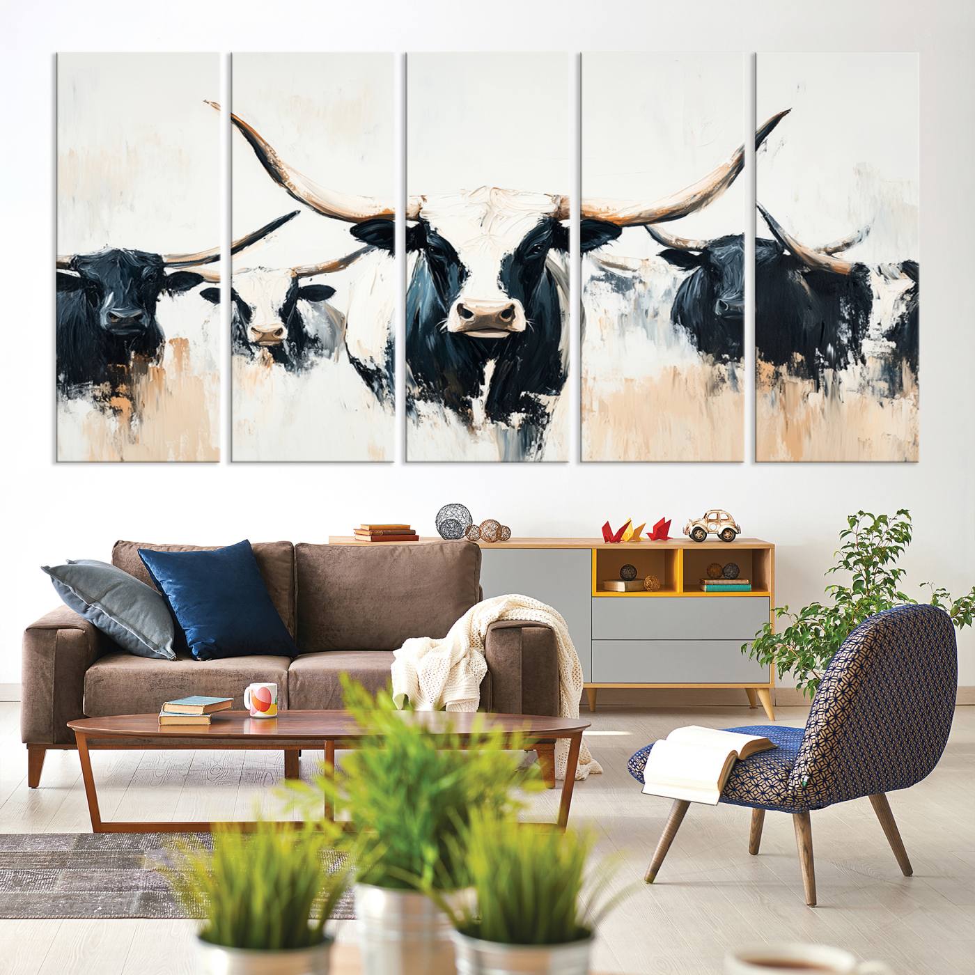 94780606-MGV-CV-60X31-5P-Texas Longhorn Wall Art Canvas Print, Framed Western Cattle Art Picture Print, Horned Bull Perfect Rustic Western Decor, Western Cattle