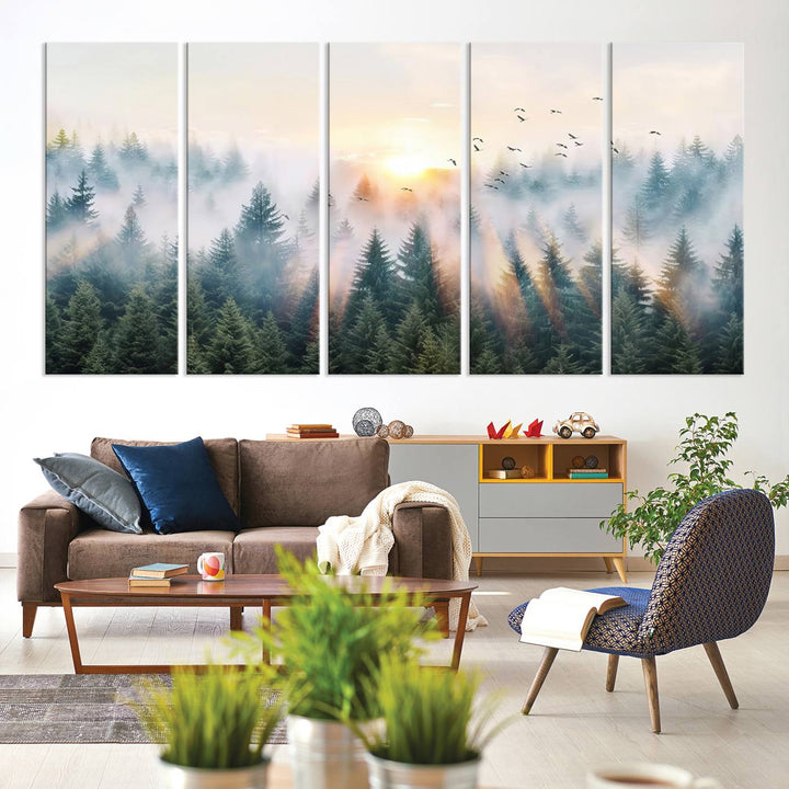 Misty Pine Forest Wall Art: A depiction of sunrise over foggy trees and birds against a bright sky; a framed woodland scene ideal for home or office decor.