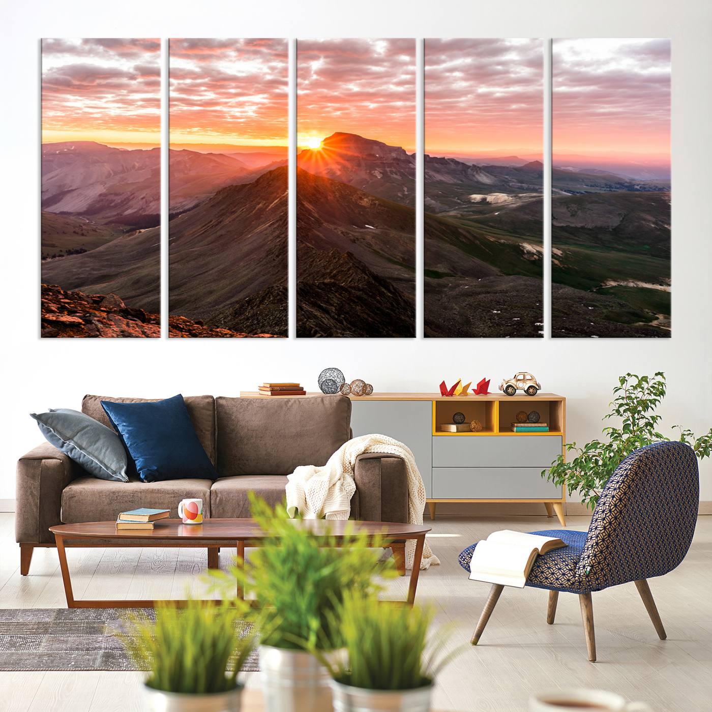 50957419-MGV-CV-60X31-5P-Mountain Sunrise Wall Art Canvas Print, Framed Alpine Ridge Art Picture Print, Mountain Range Perfect Vibrant Rustic Decor