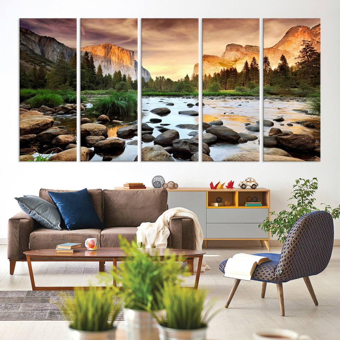 A tranquil riverside sunset mirrors the beauty of a Yosemite wall art masterpiece like the Large El Capitan Print.