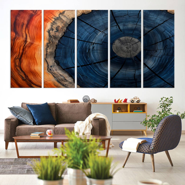 Abstract Tree Rings Canvas Print with vibrant colors—ideal farmhouse wall art for a woodland-themed home.