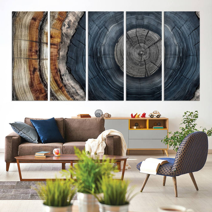 Close-up of the Abstract Tree Rings Wall Art Print featuring shades of blue, brown, and gray.