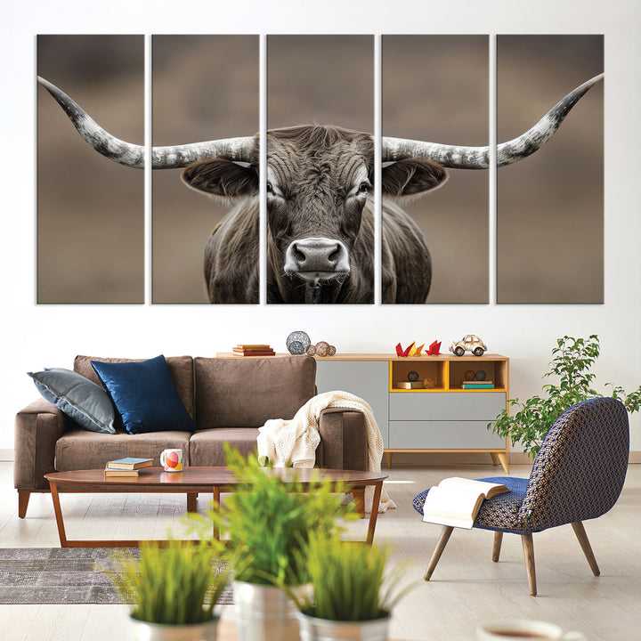 The Framed Texas Longhorn Bull Art Canvas Print adds timeless elegance to the serene setting.