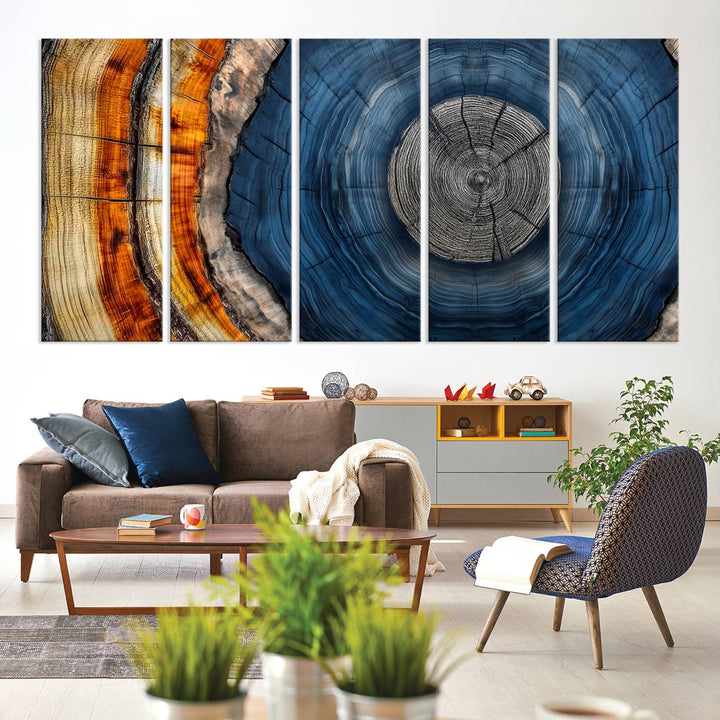 Vibrant Abstract Tree Rings in Orange, Brown, and Blue - Canvas Print for Nature Woodland Wall Decor.